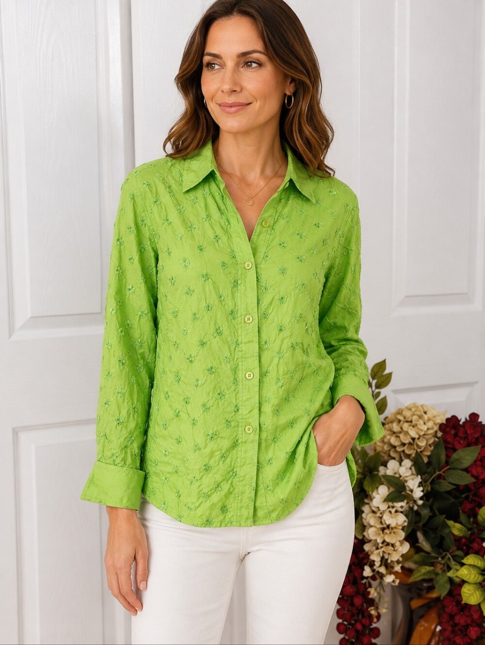 Allison Taylor Silk Buttons Down Women's Green Floral Embroidered Shirt, Size S